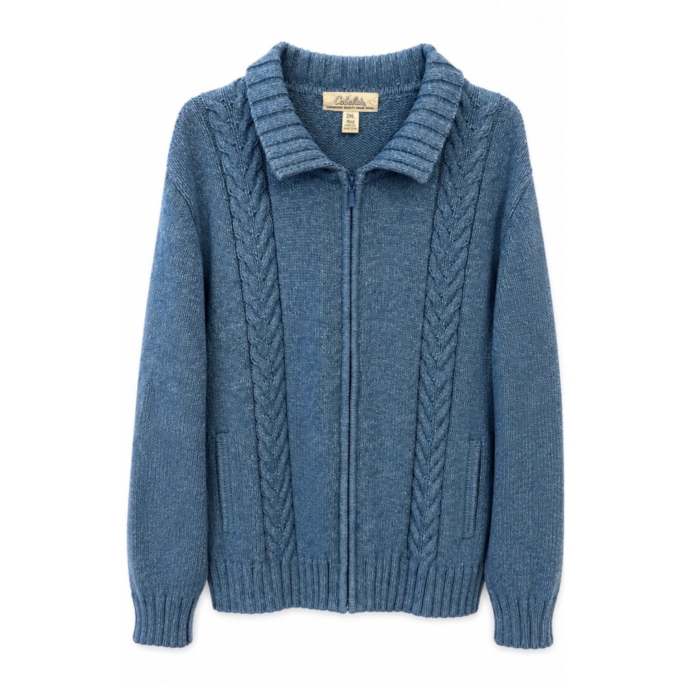 Cabela's Men's 2XL Blue Cable Knit Full Zip Cotton Sweater Cardigan